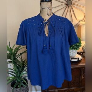 Knox Rose Royal Blue Boho Eyelet Tassel Tie Top